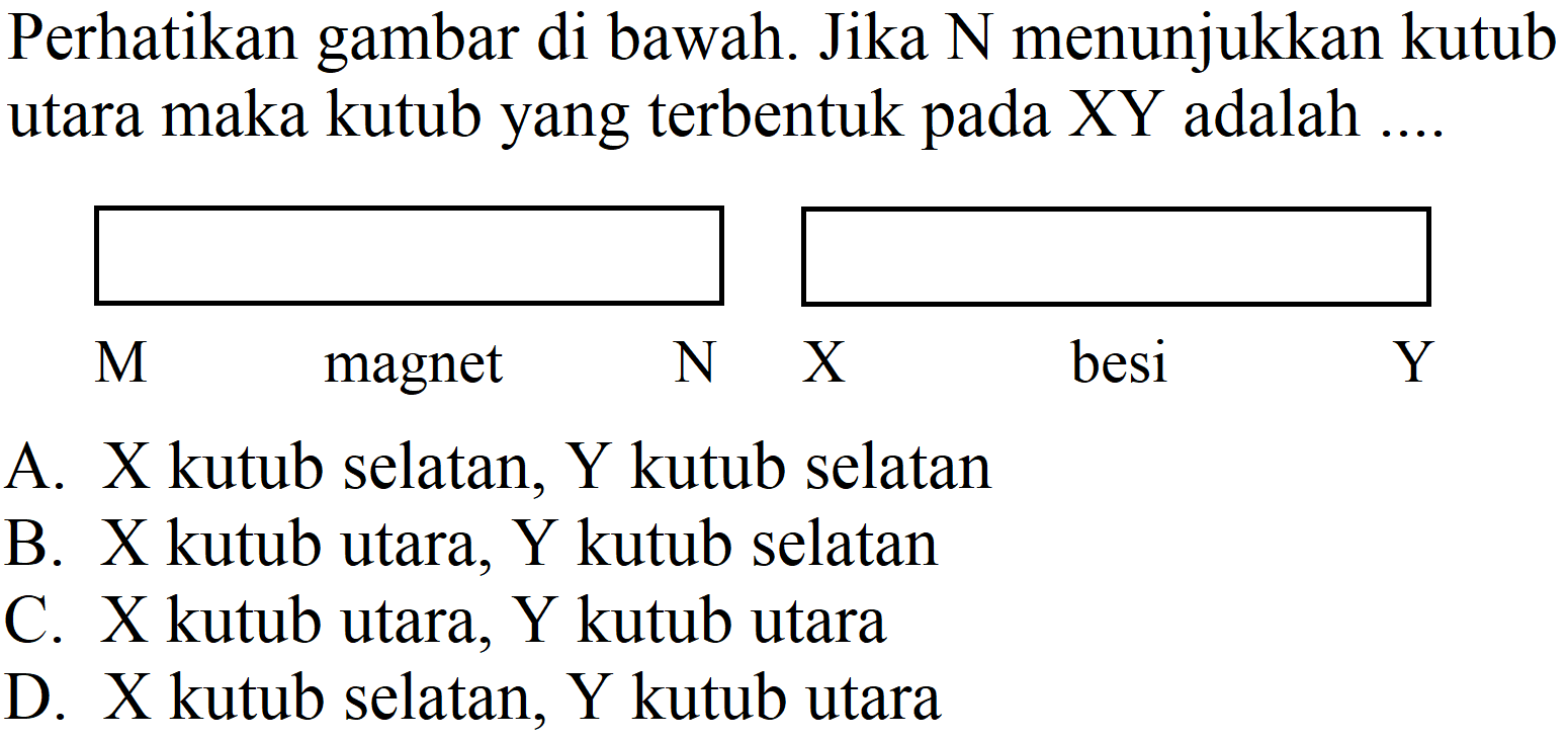 Perhatikan gambar di bawah. Jika  N  menunjukkan kutub utara maka kutub yang terbentuk pada XY adalah ....
A. X kutub selatan, Y kutub selatan
B. X kutub utara, Y kutub selatan
C. X kutub utara, Y kutub utara
D. X kutub selatan, Y kutub utara