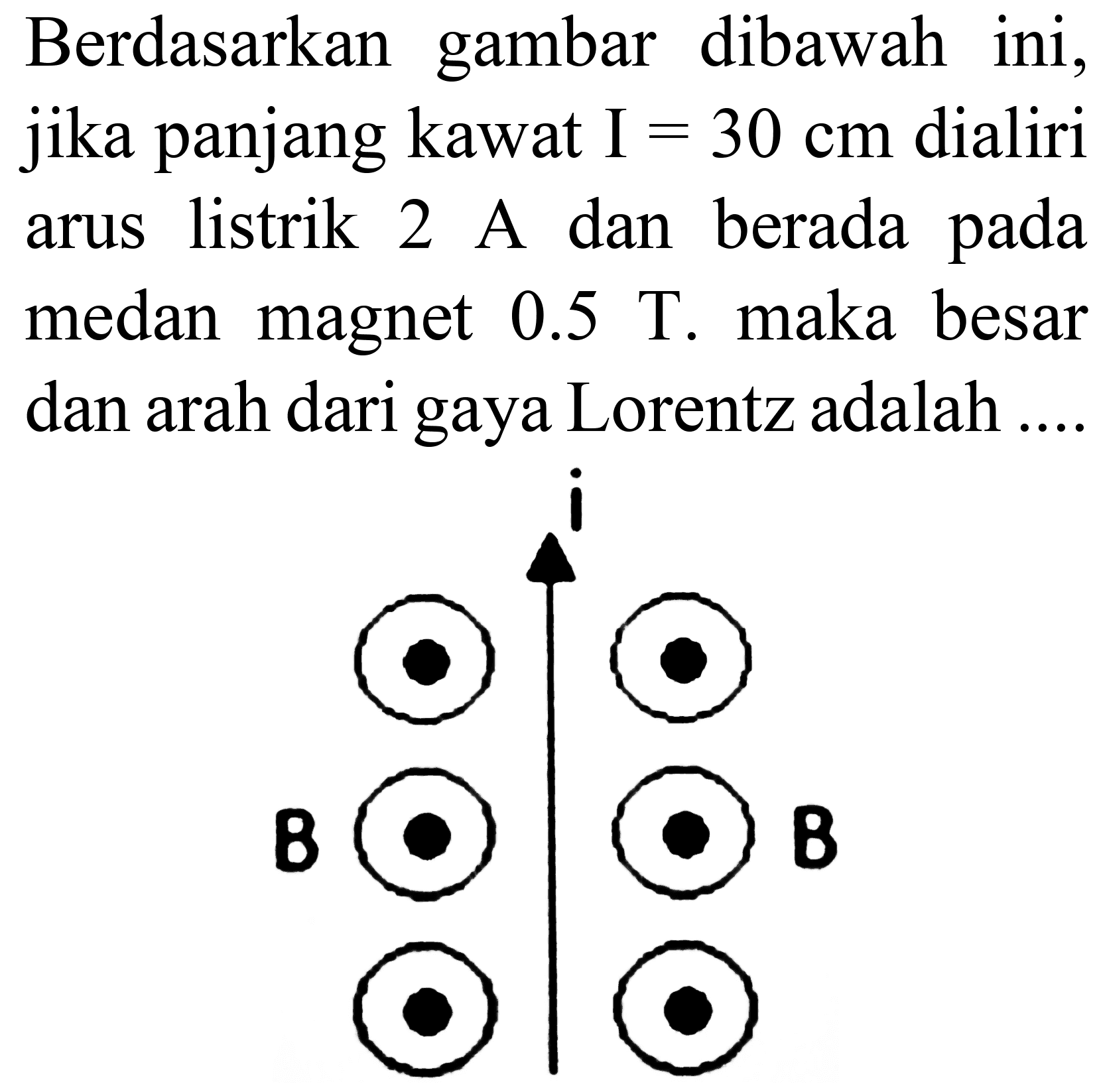 Berdasarkan gambar dibawah ini, jika panjang kawat  I=30 cm  dialiri arus listrik 2 A dan berada pada medan magnet  0.5  T. maka besar dan arah dari gaya Lorentz adalah ..