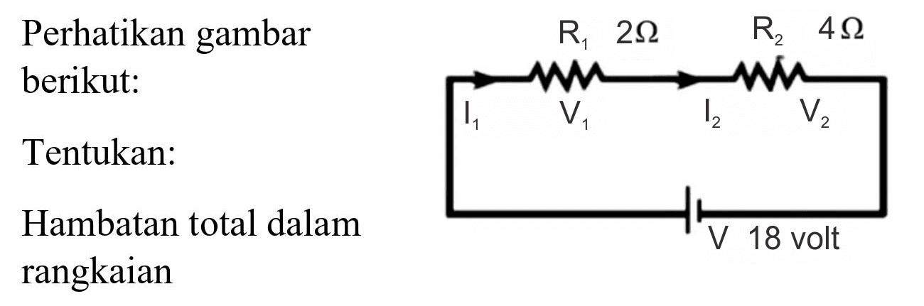 Perhatikan gambar berikut:
Tentukan:
Hambatan total dalam rangkaian