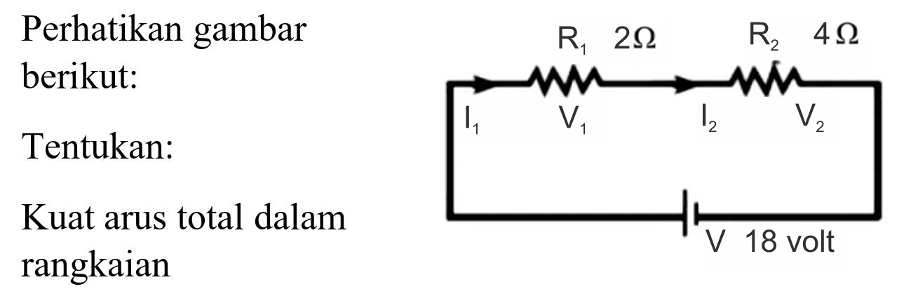 Perhatikan gambar
berikut:
Tentukan:
Kuat arus total dalam
rangkaian