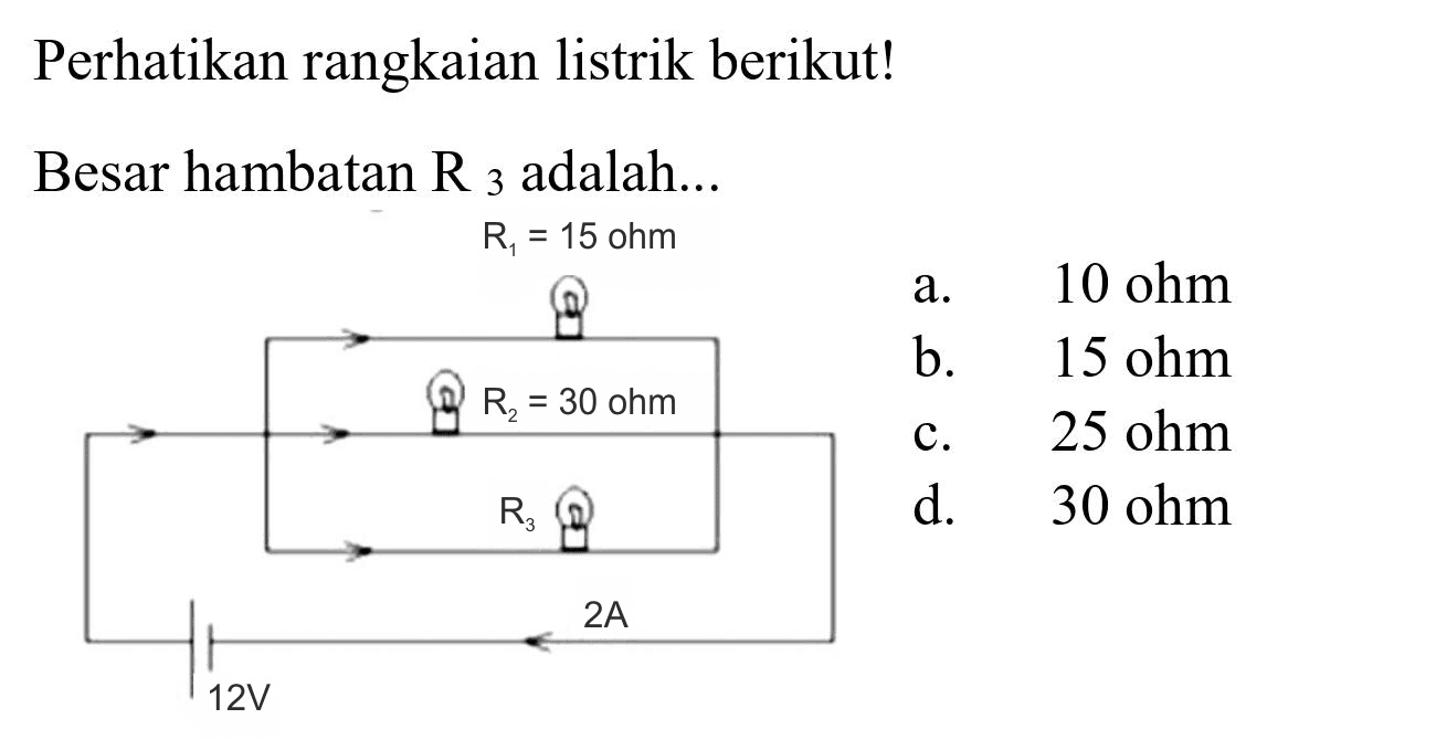 Perhatikan rangkaian listrik berikut!
Besar hambatan  R_(3)  adalah...