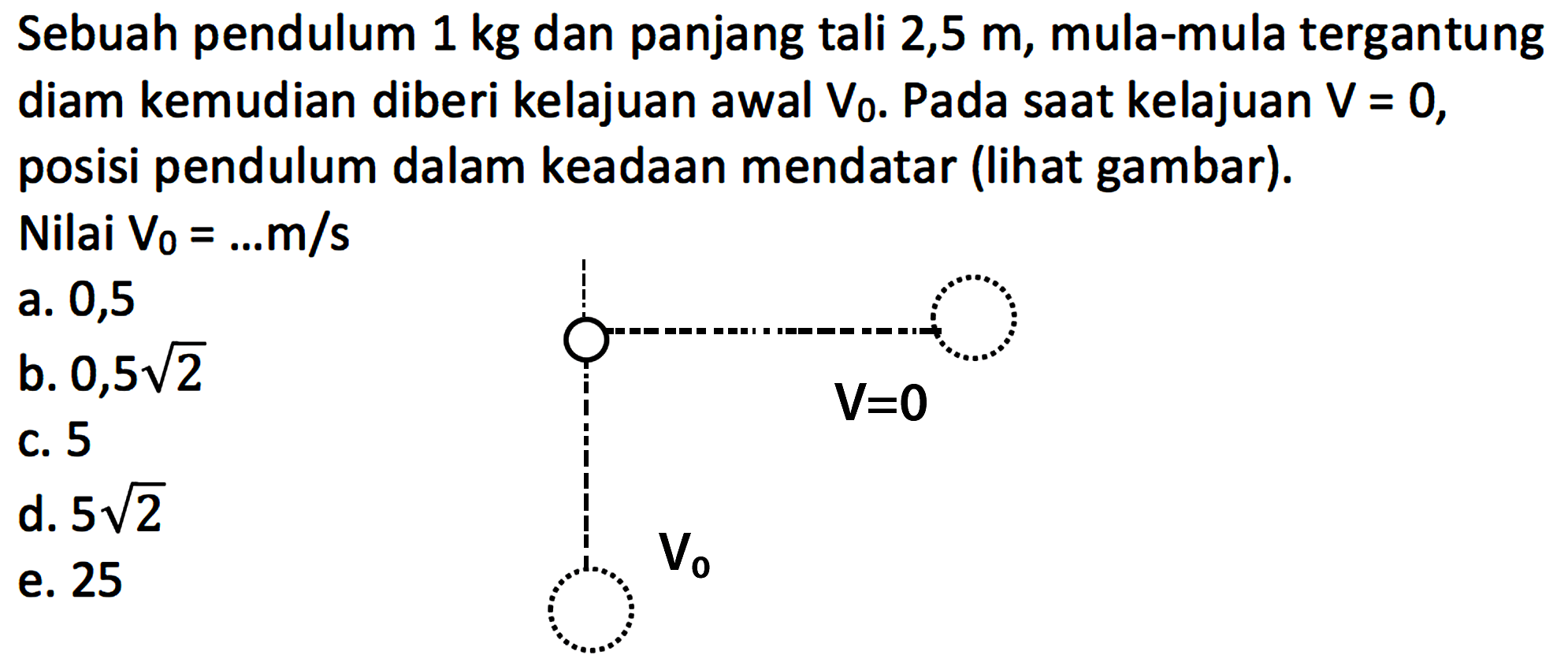 Sebuah pendulum 1 kg dan panjang tali 2,5 m, mula-mula tergantung diam kemudian diberi kelajuan awal V0. Pada saat kelajuan V=0, posisi pendulum dalam keadaan mendatar (lihat gambar). Nilai V0=... m/s V=0 V0