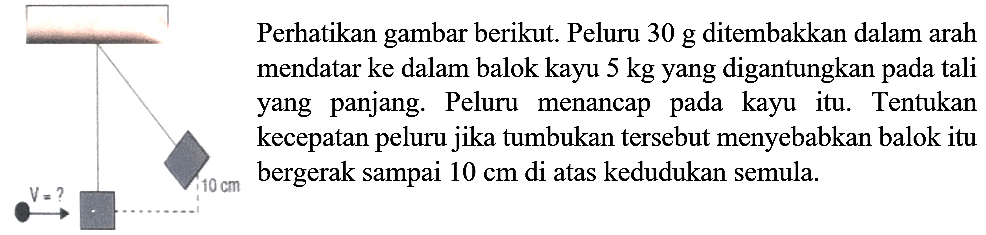 Perhatikan gambar berikut. Peluru  30 ~g  ditembakkan dalam arah mendatar ke dalam balok kayu  5 kg  yang digantungkan pada tali yang panjang. Peluru menancap pada kayu itu. Tentukan kecepatan peluru jika tumbukan tersebut menyebabkan balok itu bergerak sampai  10 cm  di atas kedudukan semula.