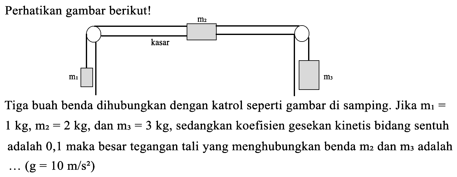 Perhatikan gambar berikut! 
m2 kasar m1 m3 
Tiga buah benda dihubungkan dengan katrol seperti gambar di samping. Jika m1=1 kg, m2 = 2 kg, dan m3=3 kg, sedangkan koefisien gesekan kinetis bidang sentuh adalah 0,1 maka besar tegangan tali yang menghubungkan benda m2 dan m3 adalah ... (g = 10 m/s^2)