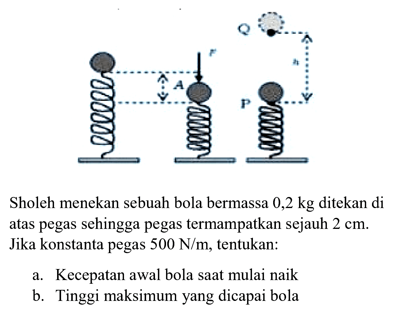 Sholeh menekan sebuah bola bermassa  0,2 kg  ditekan di atas pegas sehingga pegas termampatkan sejauh  2 cm . Jika konstanta pegas  500 ~N / m , tentukan:
a. Kecepatan awal bola saat mulai naik
b. Tinggi maksimum yang dicapai bola