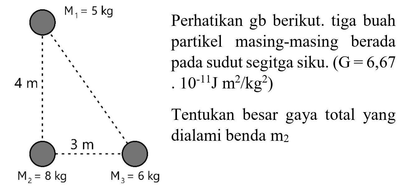 M1 = 5 kg 4 m 3 m M2 = 8 kg M3 = 6 kg 
Perhatikan gb berikut. tiga buah partikel masing-masing berada pada sudut segitga siku. (G = 6,67 . 10^(-11) J m^2/kg^2)

Tentukan besar gaya total yang dialami benda m2 