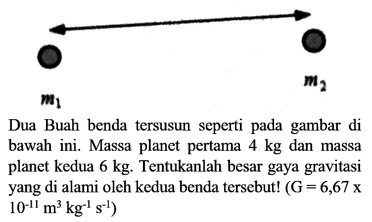  m_(2) 
 m_(1) 
Dua Buah benda tersusun seperti pada gambar di bawah ini. Massa planet pertama  4 kg  dan massa planet kedua  6 kg . Tentukanlah besar gaya gravitasi yang di alami oleh kedua benda tersebut!  (G=6,67 x   10^(-11) m^(3) kg^(-1) ~s^(-1)  )