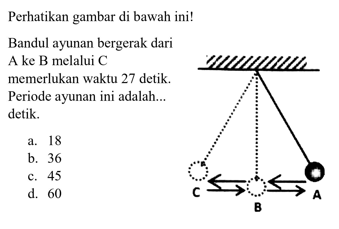 Perhatikan gambar di bawah ini!
Bandul ayunan bergerak dari A ke B melalui  C  memerlukan waktu 27 detik. Periode ayunan ini adalah... detik.
a. 18
b. 36
c. 45
d. 60