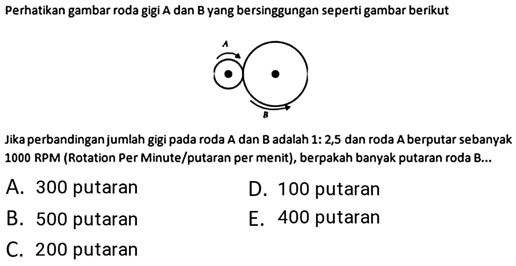 Perhatikan gambar roda gigi A dan B yang bersinggungan seperti gambar berikut
Jika perbandingan jumlah gigi pada roda A dan B adalah 1 : 2,5 dan roda A berputar sebanyak 1000 RPM (Rotation Per Minute/putaran per menit), berapakah banyak putaran roda B...