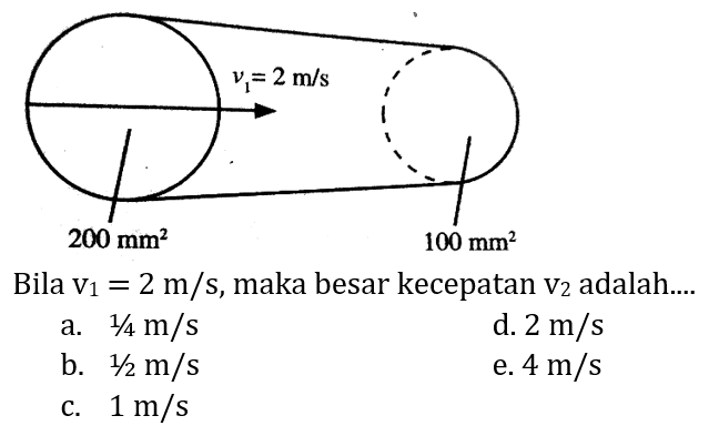 Bila v1=2 m/s, maka besar kecepatan v2 adalah.... v1=2 m/s 200 mm^2 100 mm^2