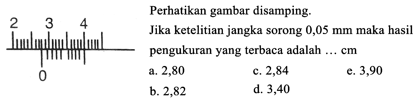 Perhatikan gambar disamping. 2 3 4 0 Jika ketelitian jangka sorong 0,05 mm maka hasil pengukuran yang terbaca adalah ... cm a. 2,80 c. 2,84 e. 3,90 b. 2,82 d. 3,40