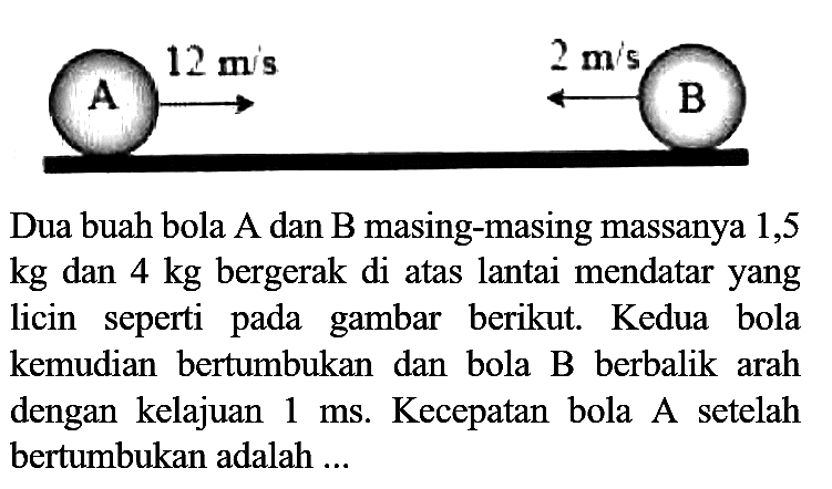  A stackrel{12 m / s)/(longright->) 
Dua buah bola  A  dan  B  masing-masing massanya 1,5  kg  dan  4 kg  bergerak di atas lantai mendatar yang licin seperti pada gambar berikut. Kedua bola kemudian bertumbukan dan bola B berbalik arah dengan kelajuan  1 ~ms . Kecepatan bola A setelah bertumbukan adalah ...