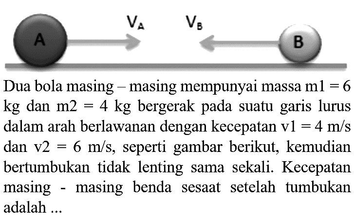 Dua bola masing  -  masing mempunyai massa  m 1=6   kg  dan  m 2=4 kg  bergerak pada suatu garis lurus dalam arah berlawanan dengan kecepatan  v 1=4 m / s  dan v2  =6 m / s , seperti gambar berikut, kemudian bertumbukan tidak lenting sama sekali. Kecepatan masing - masing benda sesaat setelah tumbukan adalah ...