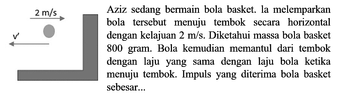 2 m / s   Aziz sedang bermain bola basket. la melemparkan bola tersebut menuju tembok secara horizontal dengan kelajuan  2 m / s . Diketahui massa bola basket 800 gram. Bola kemudian memantul dari tembok dengan laju yang sama dengan laju bola ketika menuju tembok. Impuls yang diterima bola basket sebesar...