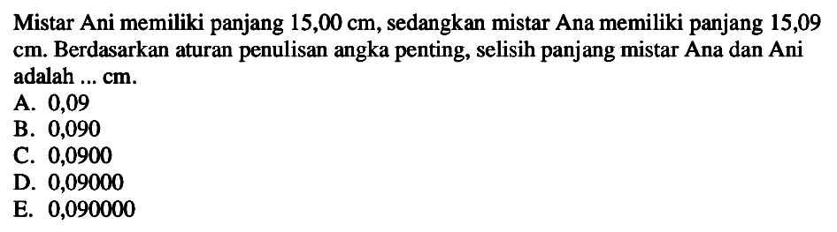 Mistar Ani memiliki panjang  15,00 cm , sedangkan mistar Ana memiliki panjang 15,09 cm. Berdasarkan aturan penulisan angka penting, selisih panjang mistar Ana dan Ani adalah ... cm.
A. 0,09
B. 0,090
C. 0,0900
D. 0,09000
E. 0,090000