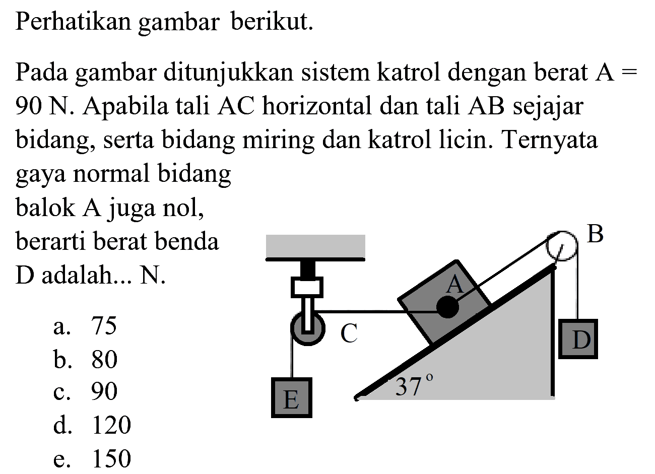 Perhatikan gambar berikut.
Pada gambar ditunjukkan sistem katrol dengan berat  A=   90 N . Apabila tali AC horizontal dan tali AB sejajar bidang, serta bidang miring dan katrol licin. Ternyata gaya normal bidang balok A juga nol, berarti berat benda D adalah... N.
a. 75
b. 80
c. 90
 E 
d. 120
e. 150