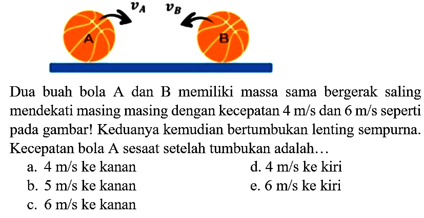 Dua buah bola A dan B memiliki massa sama bergerak saling mendekati masing masing dengan kecepatan  4 m / s  dan  6 m / s  seperti pada gambar! Keduanya kemudian bertumbukan lenting sempurna. Kecepatan bola A sesaat setelah tumbukan adalah...
a.  4 m / s  ke kanan
d.  4 m / s  ke kiri
b.  5 m / s  ke kanan
e.  6 m / s  ke kiri
c.  6 m / s  ke kanan