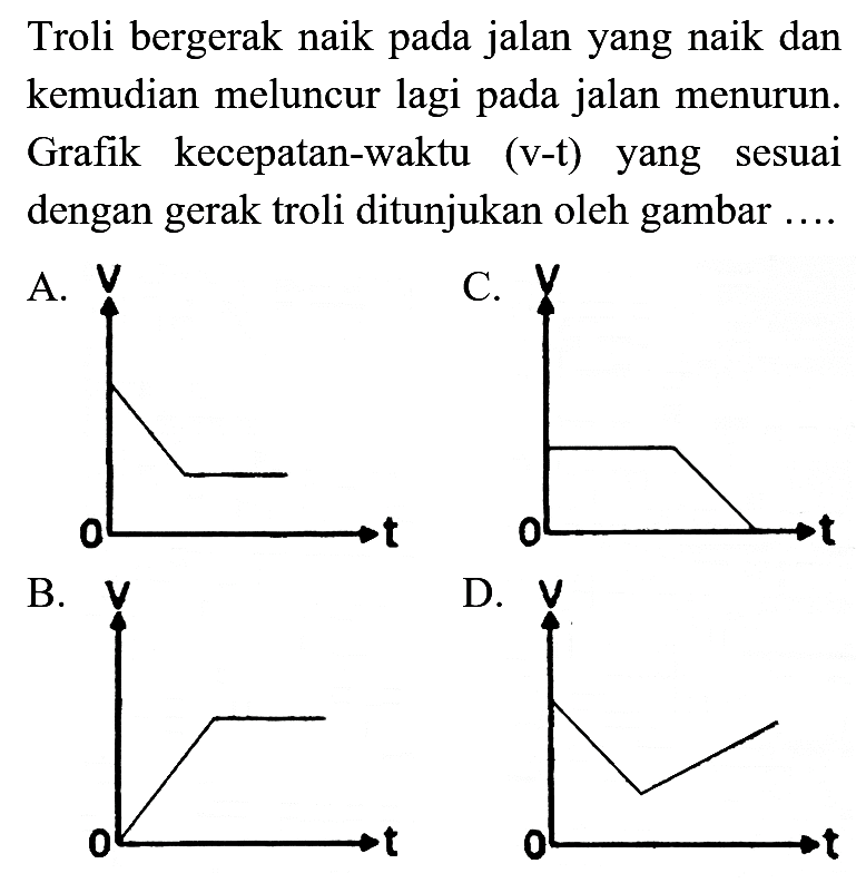 Troli bergerak naik pada jalan yang naik dan kemudian meluncur lagi pada jalan menurun. Grafik kecepatan-waktu (v-t) yang sesuai dengan gerak troli ditunjukan oleh gambar .... A. V 0 t C. V 0 t B. V 0 t D. V 0 t 