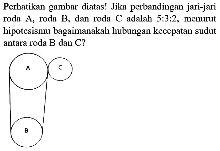 Perhatikan gambar diatas! Jika perbandingan jari-jari roda A, roda B, dan roda C adalah 5 : 3 : 2, menurut hipotesismu bagaimanakah hubungan kecepatan sudut antara roda B dan C? A B C