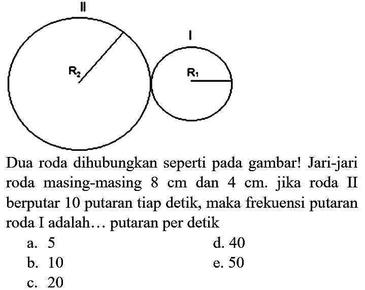 II R2 I R1 Dua roda dihubungkan seperti pada gambar! Jari-jari roda masing-masing 8 cm dan 4 cm. jika roda II berputar 10 putaran tiap detik, maka frekuensi putaran roda I adalah... putaran per detik
a. 5 d. 40 b. 10 e. 50 c. 20