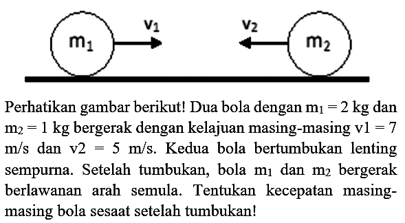 Perhatikan gambar berikut! Dua bola dengan  m_(1)=2 kg  dan  m_(2)=1 kg  bergerak dengan kelajuan masing-masing  v 1=7   m / s  dan  v 2=5 m / s . Kedua bola bertumbukan lenting sempurna. Setelah tumbukan, bola  m_(1)  dan  m_(2)  bergerak berlawanan arah semula. Tentukan kecepatan masingmasing bola sesaat setelah tumbukan!