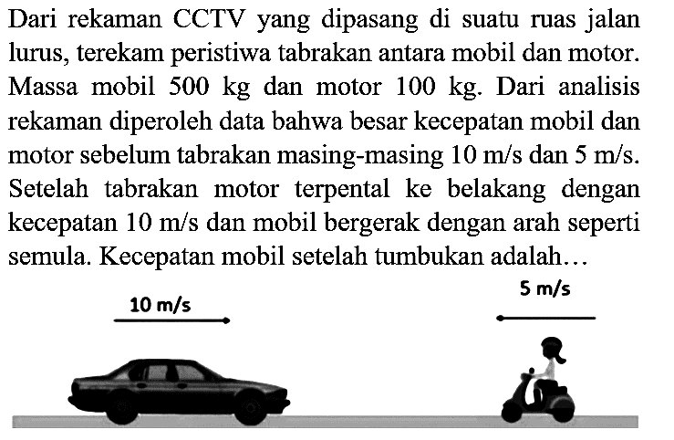 Dari rekaman CCTV yang dipasang di suatu ruas jalan lurus, terekam peristiwa tabrakan antara mobil dan motor. Massa mobil  500 kg  dan motor  100 kg . Dari analisis rekaman diperoleh data bahwa besar kecepatan mobil dan motor sebelum tabrakan masing-masing  10 m / s  dan  5 m / s . Setelah tabrakan motor terpental ke belakang dengan kecepatan  10 m / s  dan mobil bergerak dengan arah seperti semula. Kecepatan mobil setelah tumbukan adalah...
10 m/s 5 m/s