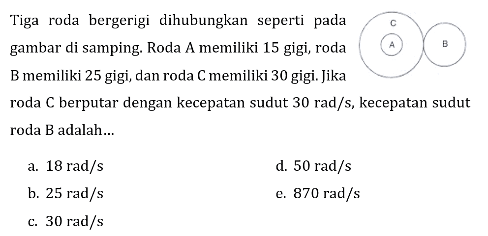 Tiga roda bergerigi dihubungkan seperti pada gambar di samping. Roda A memiliki 15 gigi, roda B memiliki 25 gigi, dan roda C memiliki 30 gigi. Jika roda C berputar dengan kecepatan sudut 30 rad/s, kecepatan sudut roda B adalah... A B C