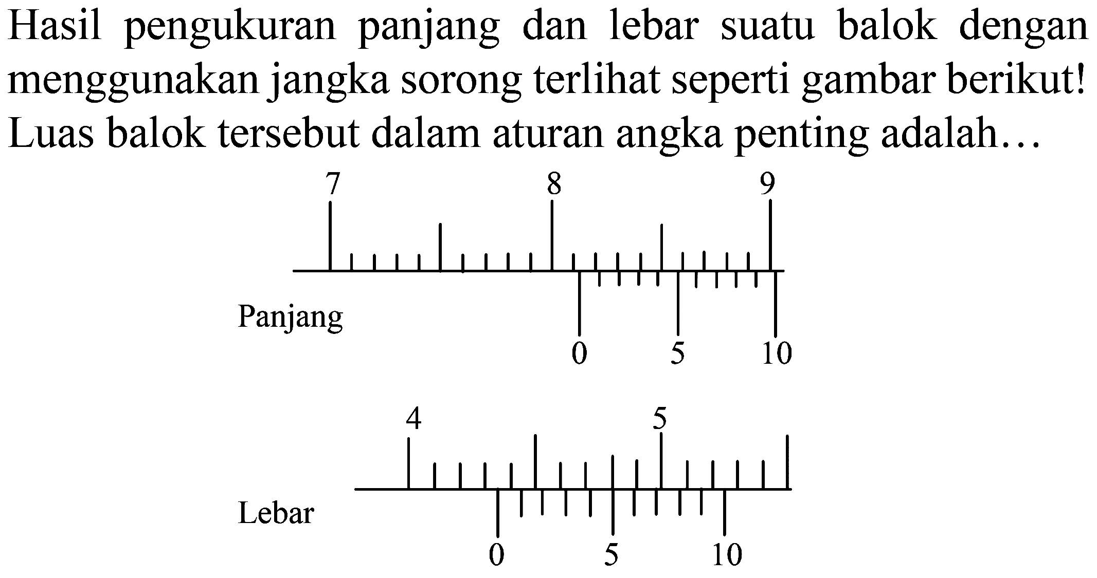 Hasil  pengukuran panjang dan lebar balok dengan menggunakan jangka sorong terlihat seperti gambar berikut! Luas balok tersebut dalam aturan angka penting adalah ... 
7 8 9 Panjang 0 5 10 
4 5 Lebar 0 5 10 