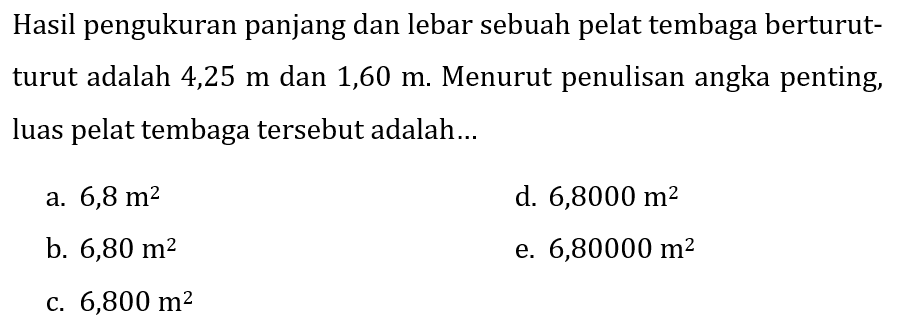 Hasil pengukuran panjang dan lebar sebuah pelat tembaga berturutturut adalah  4,25 m  dan 1,60 m. Menurut penulisan angka penting, luas pelat tembaga tersebut adalah...