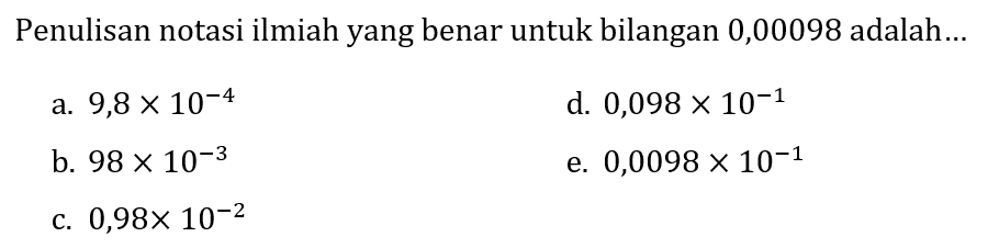 Penulisan notasi ilmiah yang benar untuk bilangan 0,00098 adalah...