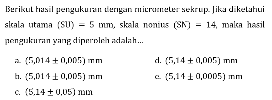 Berikut hasil pengukuran dengan micrometer sekrup. Jika diketahui skala utama  (SU)=5 mm , skala nonius  (SN)=14 , maka hasil pengukuran yang diperoleh adalah...