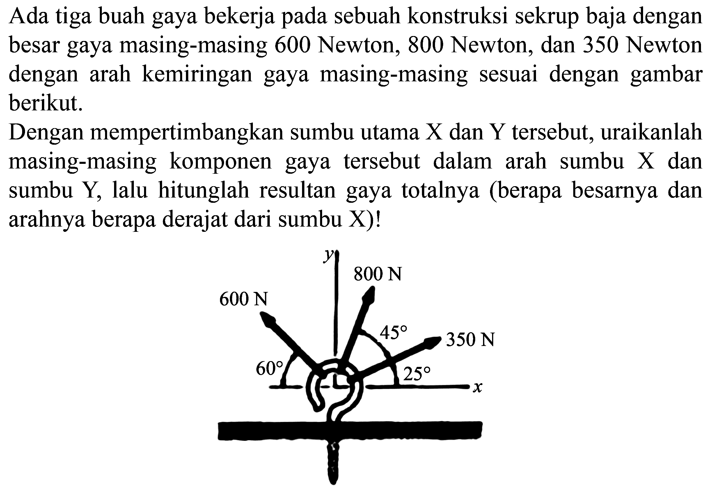 Ada tiga buah gaya bekerja pada sebuah konstruksi sekrup baja dengan besar gaya masing-masing 600 Newton, 800 Newton, dan 350 Newton dengan arah kemiringan gaya masing-masing sesuai dengan gambar berikut. Dengan mempertimbangkan sumbu utama X dan Y tersebut, uraikanlah masing-masing komponen gaya tersebut dalam arah sumbu X dan sumbu Y, lalu hitunglah resultan gaya totalnya (berapa besarnya dan arahnya berapa derajat dari sumbu X)! 60 600 N y 800 N 45 350 N 25 x