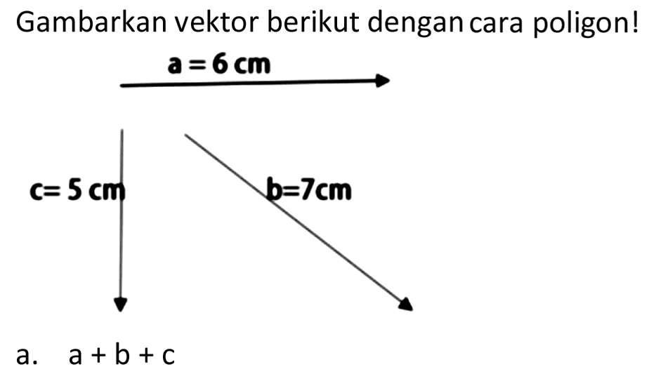 Gambarkan vektor berikut dengan cara poligon! 
a = 6 cm 
c= 5 cm 
b=7cm 

a.  a+b+c 