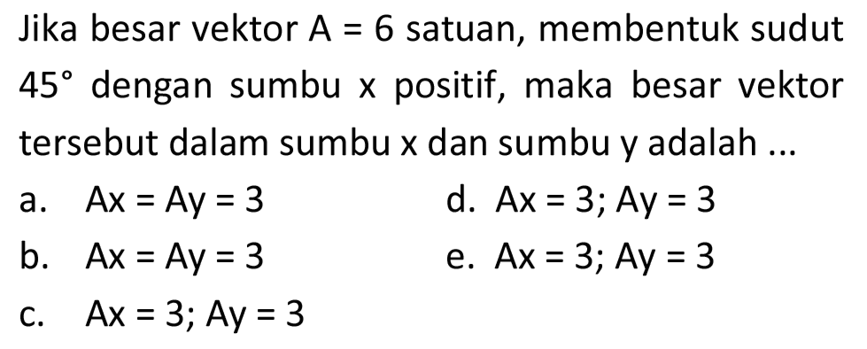 Jika besar vektor  A=6  satuan, membentuk sudut  45  dengan sumbu  x  positif, maka besar vektor tersebut dalam sumbu  x  dan sumbu y adalah ...
a.  A x=A y=3 
d.  A x=3 ; A y=3 
b.  A x=A y=3 
e.  A x=3 ; A y=3 
C.  A x=3 ; A y=3 