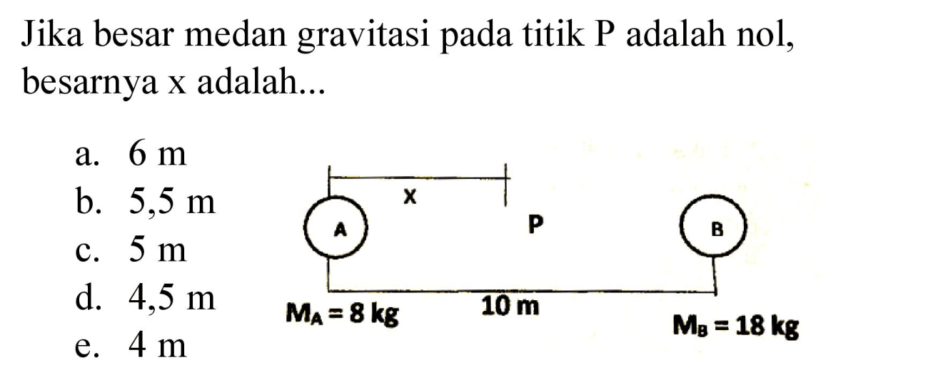 Jika besar medan gravitasi pada titik P adalah nol, besarnya x adalah... x A P B MA = 8 kg 10 m MB = 18 kg
a. 6 m b. 5,5 m c. 5 m d. 4,5 m e. 4 m