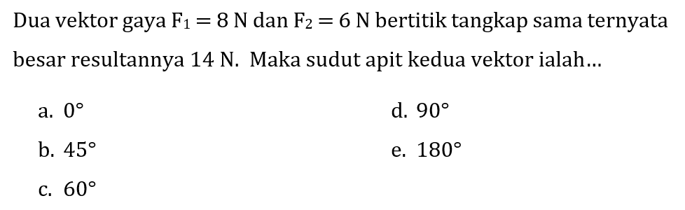 Dua vektor gaya  F_(1)=8 N  dan  F_(2)=6 N  bertitik tangkap sama ternyata besar resultannya  14 N . Maka sudut apit kedua vektor ialah...