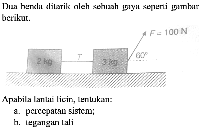 Dua benda ditarik oleh sebuah gaya seperti gambar berikut.
2 kg T 3 kg 60 F=100N
Apabila lantai licin, tentukan:
a. percepatan sistem;
b. tegangan tali