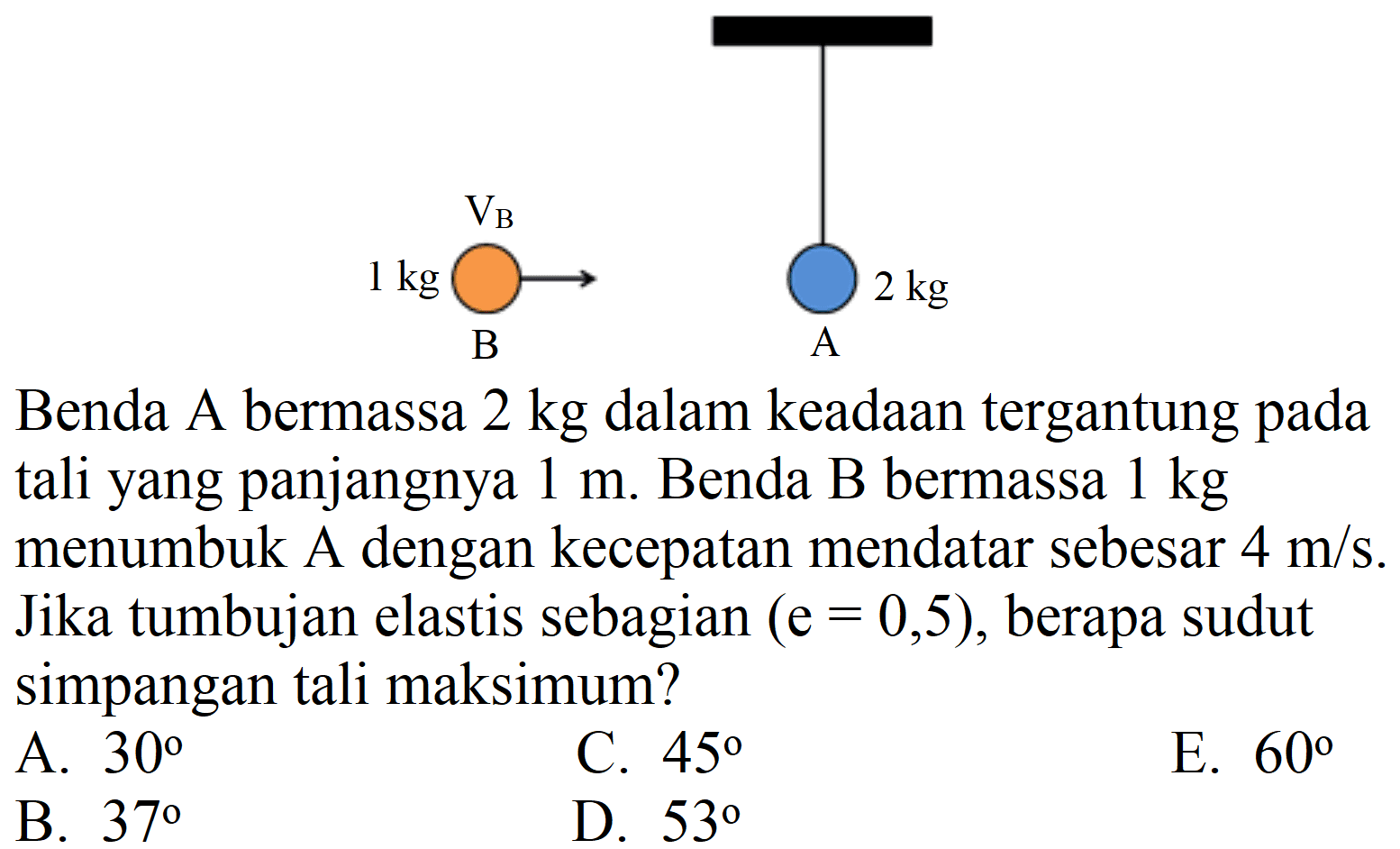 VB 1 kg B 2 kg A 2 kg 
Benda A bermassa  2 kg  dalam keadaan tergantung pada tali yang panjangnya  1 m . Benda B bermassa  1 kg  menumbuk A dengan kecepatan mendatar sebesar  4 m / s . Jika tumbujan elastis sebagian  (e=0,5) , berapa sudut simpangan tali maksimum?
A.  30 
C.  45 
E.  60 
B.  37 
D.  53 