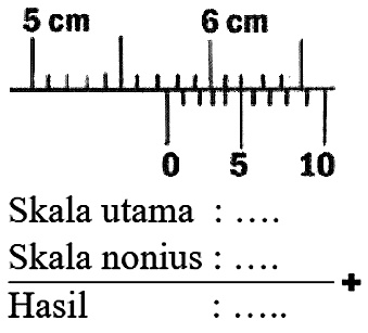5 cm 6 cm 0 5 10
Skala utama : .... + Skala nonius : .....
Hasil  : .... 