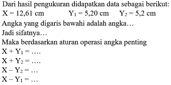 Dari hasil pengukuran didapatkan data sebagai berikut: X=12,61 cm Y1=5,20 cm Y2=5,2 cm Angka yang digaris bawahi adalah angka...
Jadi sifatnya... Maka berdasarkan aturan operasi angka penting
X + Y1=... X + Y2=... X - Y2=... X - Y1=...