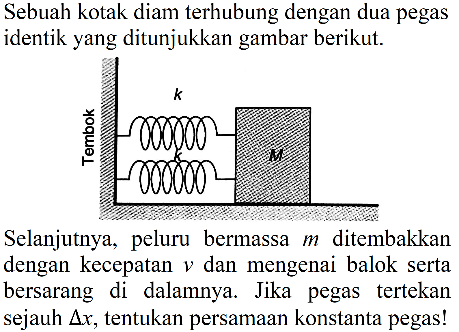 Sebuah kotak diam terhubung dengan dua pegas identik yang ditunjukkan gambar berikut.
Selanjutnya, peluru bermassa  m  ditembakkan dengan kecepatan  v  dan mengenai balok serta bersarang di dalamnya. Jika pegas tertekan sejauh  segitiga x , tentukan persamaan konstanta pegas!