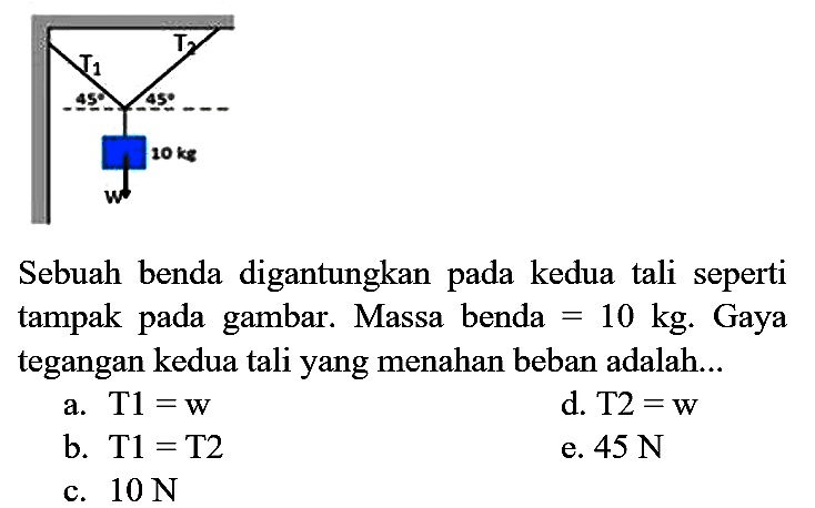 Sebuah benda digantungkan pada kedua tali seperti tampak pada gambar. Massa benda  =10 kg . Gaya tegangan kedua tali yang menahan beban adalah...