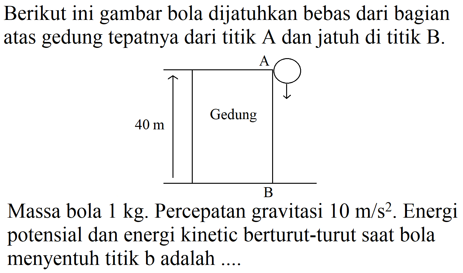 Berikut ini gambar bola dijatuhkan bebas dari bagian atas gedung tepatnya dari titik A dan jatuh di titik B.
A 40 m Gedung B
Massa bola  1 kg . Percepatan gravitasi  10 m / s^(2) . Energi potensial dan energi kinetic berturut-turut saat bola menyentuh titik b adalah ....