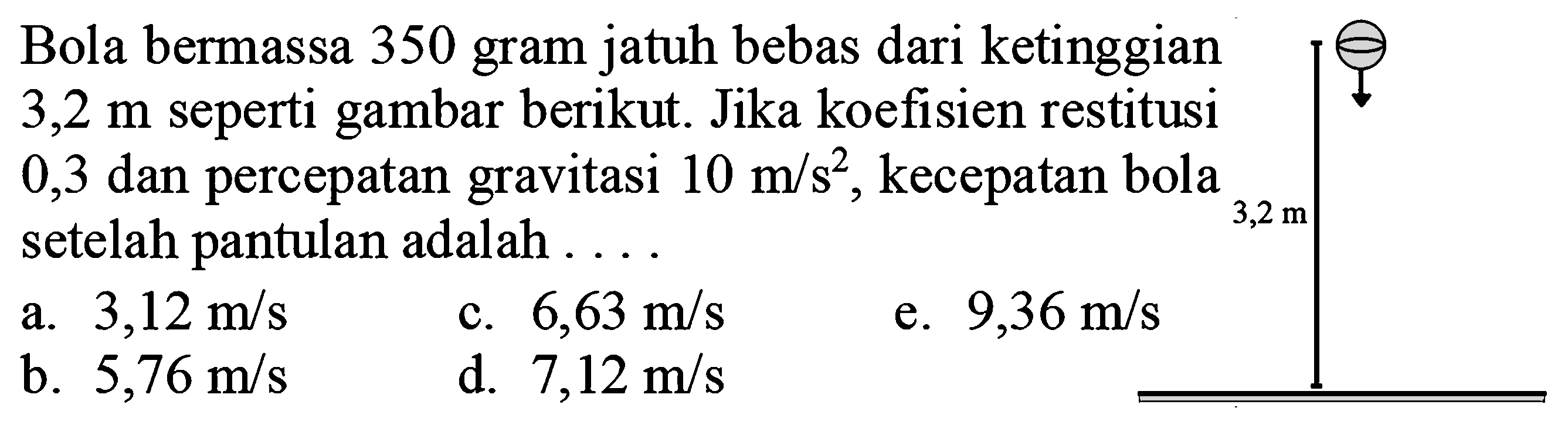 Bola bermassa 350 gram jatuh bebas dari ketinggian  3,2 m  seperti gambar berikut. Jika koefisien restitusi 0,3 dan percepatan gravitasi  10 m / s^(2) , kecepatan bola setelah pantulan adalah ...
a.  3,12 m / s 
c.  6,63 m / s 
e.  9,36 m / s 
b.  5,76 m / s 
d.  7,12 m / s 