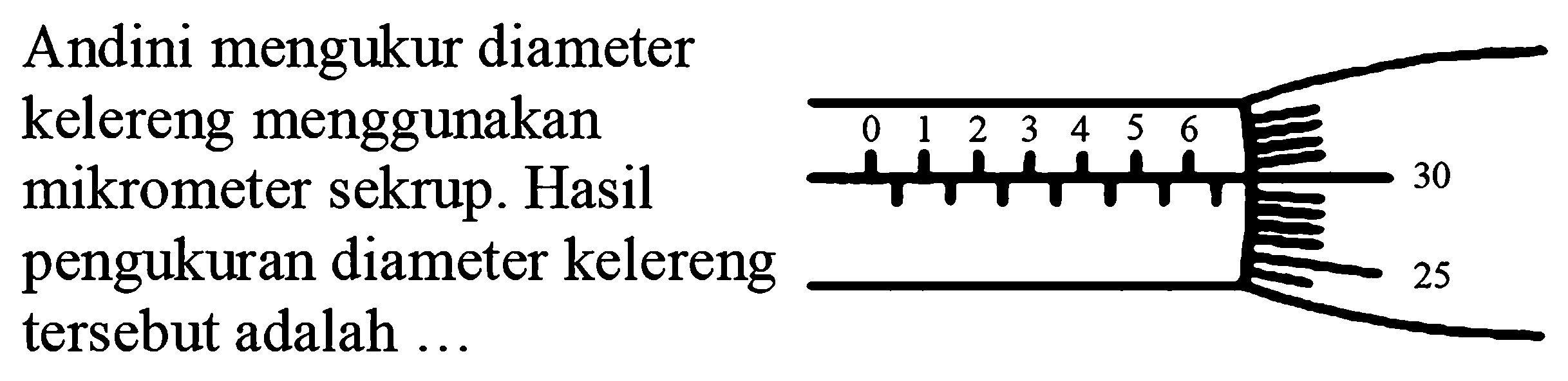 Andini mengukur diameter kelereng menggunakan mikrometer sekrup. Hasil pengukuran diameter kelereng tersebut adalah ...