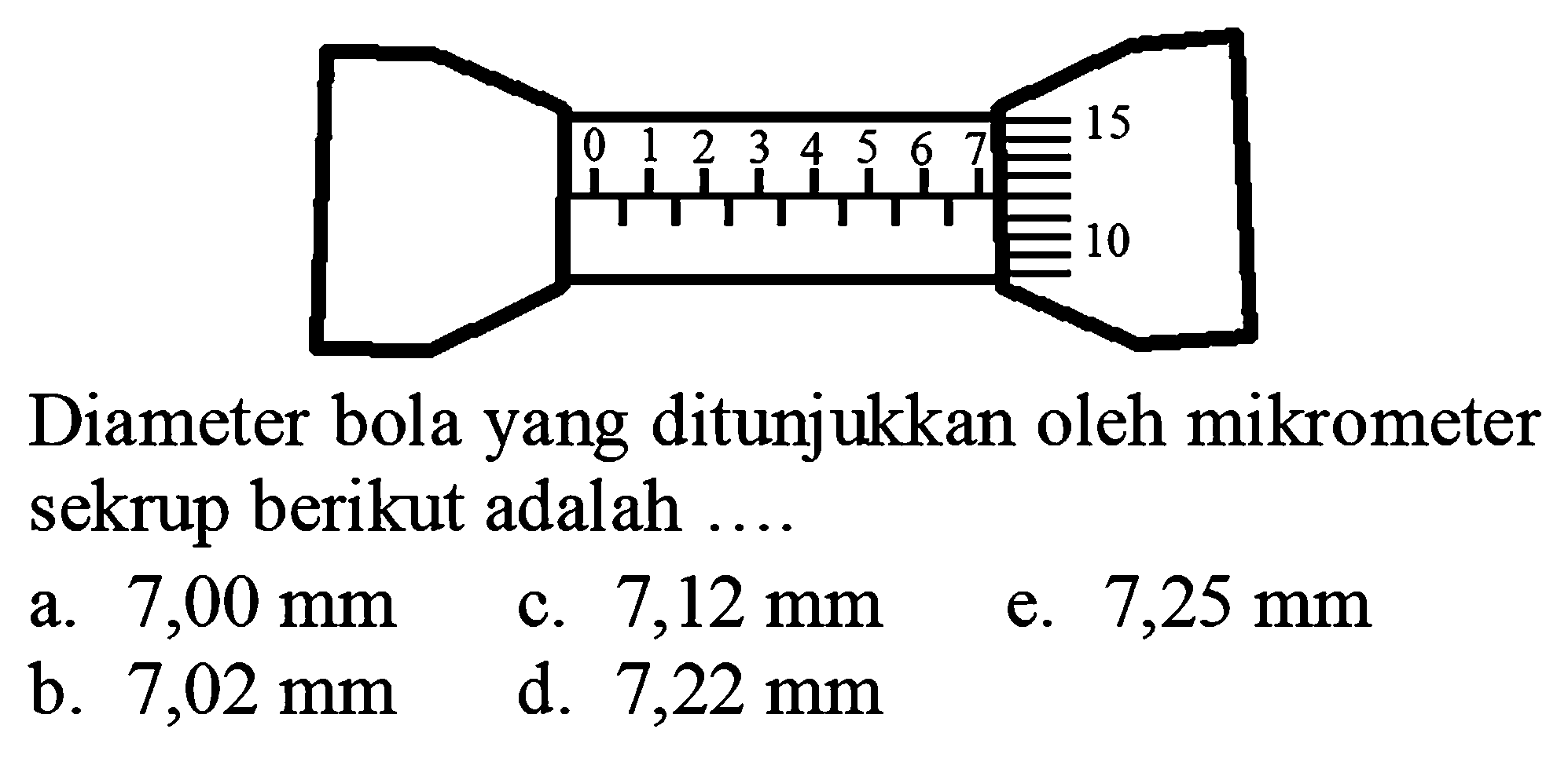 Diameter bola yang ditunjukkan oleh mikrometer sekrup berikut adalah ....
a.  7,00 ~mm 
c.  7,12 ~mm 
e.  7,25 ~mm 
b.  7,02 ~mm 
d.  7,22 ~mm 