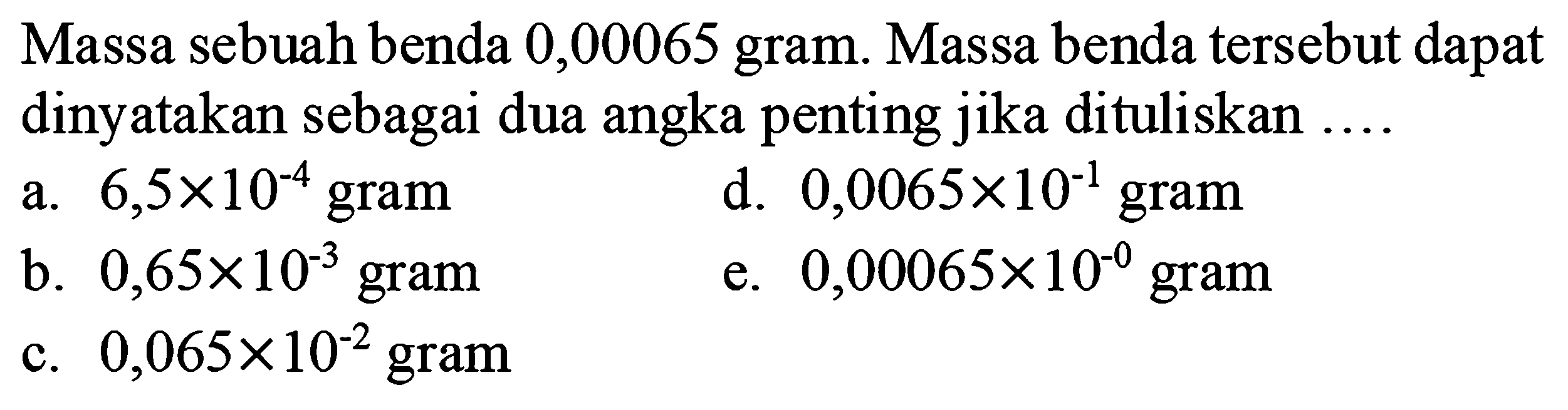 Massa sebuah benda 0,00065 gram. Massa benda tersebut dapat dinyatakan sebagai dua angka penting jika dituliskan ....
a.  6,5 x 10^(-4) gram 
d.  0,0065 x 10^(-1)  gram
b.  0,65 x 10^(-3)  gram
e.  0,00065 x 10^(-0)  gram
c.  0,065 x 10^(-2)  gram