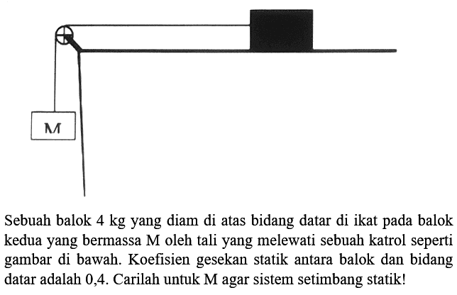 Sebuah balok 4 kg yang diam di atas bidang datar di ikat pada balok kedua yang bermassa  M  oleh tali yang melewati sebuah katrol seperti gambar di bawah. Koefisien gesekan statik antara balok dan bidang datar adalah 0,4 . Carilah untuk M agar sistem setimbang statik!