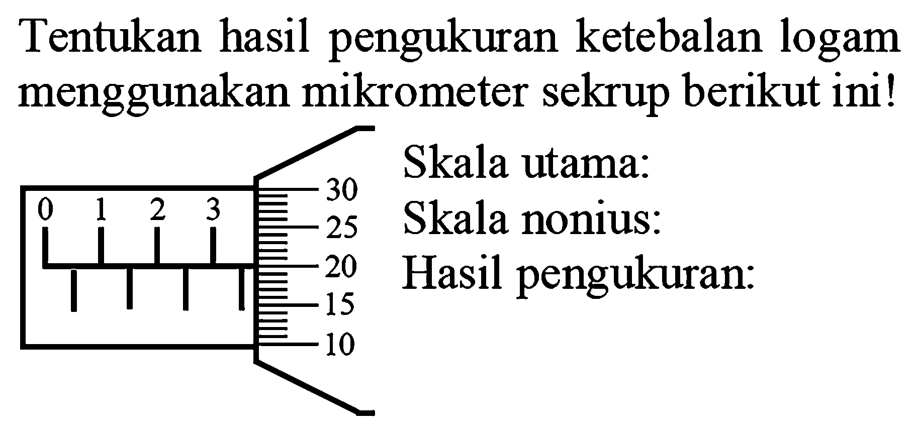 Tentukan hasil pengukuran ketebalan logam menggunakan mikrometer sekrup berikut ini!