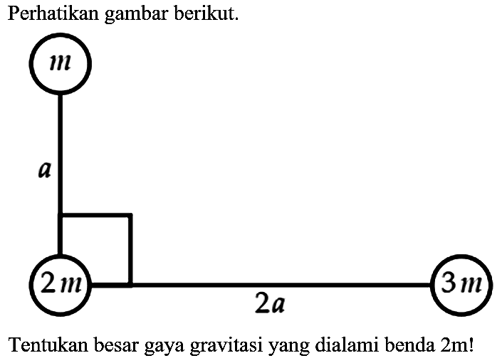 Perhatikan gambar berikut.
 m 
 a 
 2 m 
 2 a 
 3 m 
Tentukan besar gaya gravitasi yang dialami benda  2 m  !